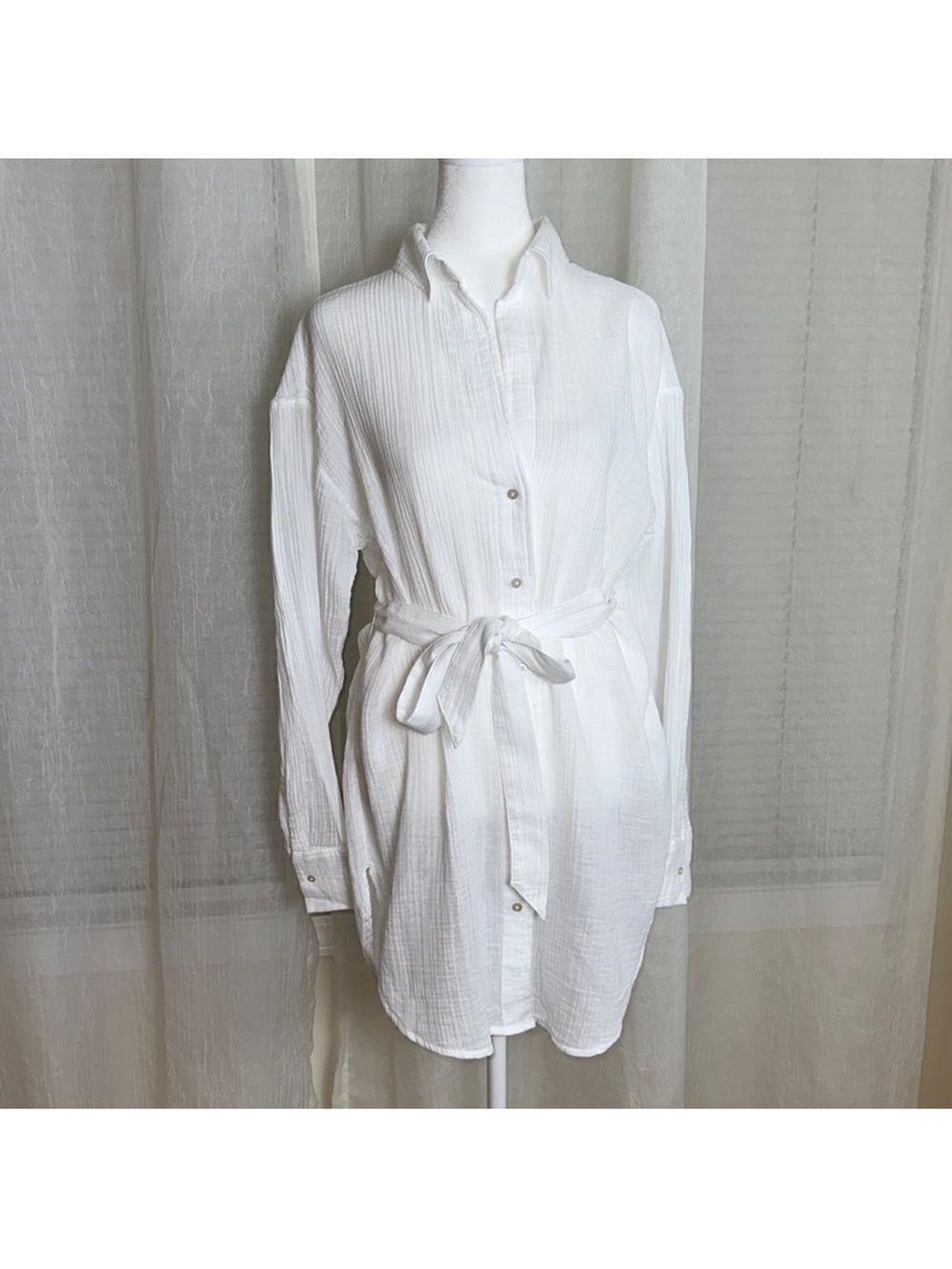 A & F S Oversized White Gauze Lightweight Cotton Button Down Belted Shirt Tunic
